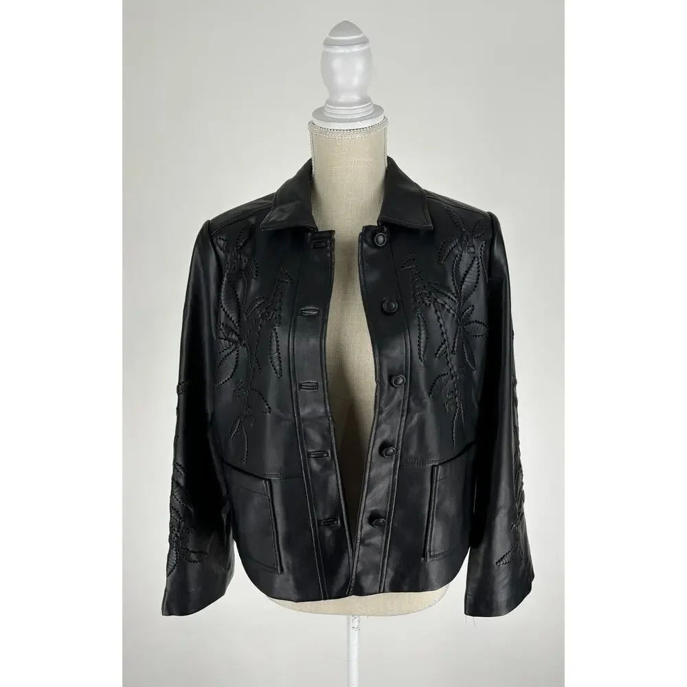 Chicos Womens Black Cutwork Faux Leather Jacket Size 8 Chicos 1 New Long Sleeve